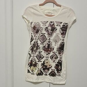 All Saints Cream colored Tee with Abstract Skull Graphic